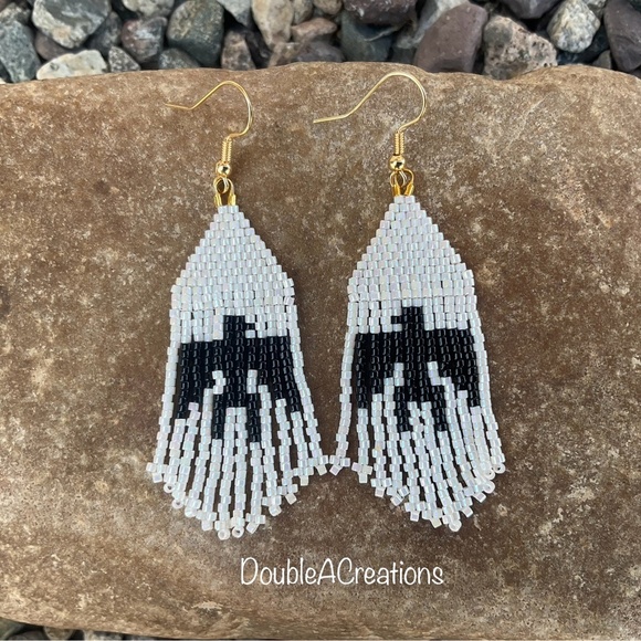 White and Black Thunderbirds Beaded Earrings with Fringe, New, Handmade by Me - Picture 1 of 5